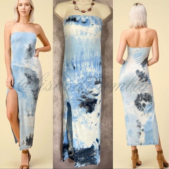 Only 1 Large Left! Blue Tie Dye Strapless Maxi Dress - Picture 1 of 9